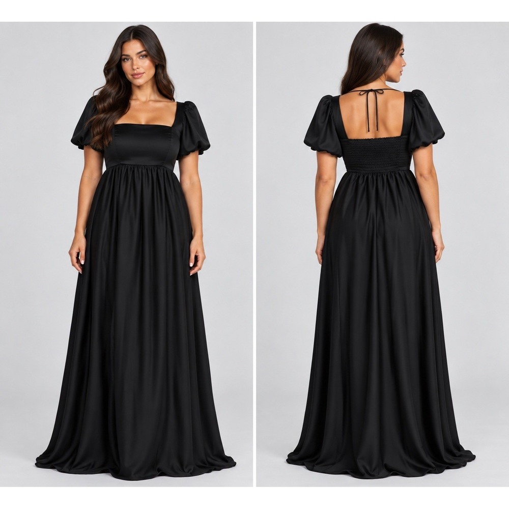 Show Me Your Mumu Nora Maxi Dress Womens 3X Black Luxe Satin Lined Bubble Sleeve